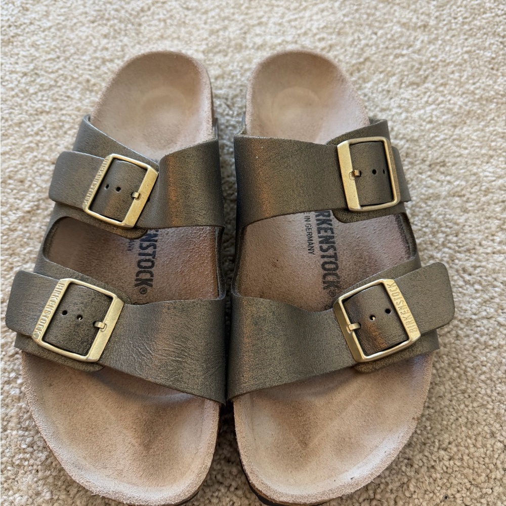 Birkenstock Two-Strap Sandals in Washed Burnt Gold